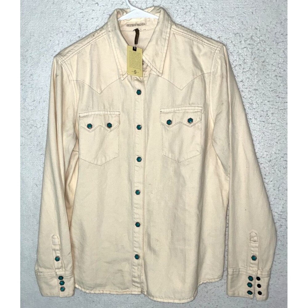 Stenson Women's Turquoise Snap Western Cream Denim Shirt sz L Rodeo Pockets NWT